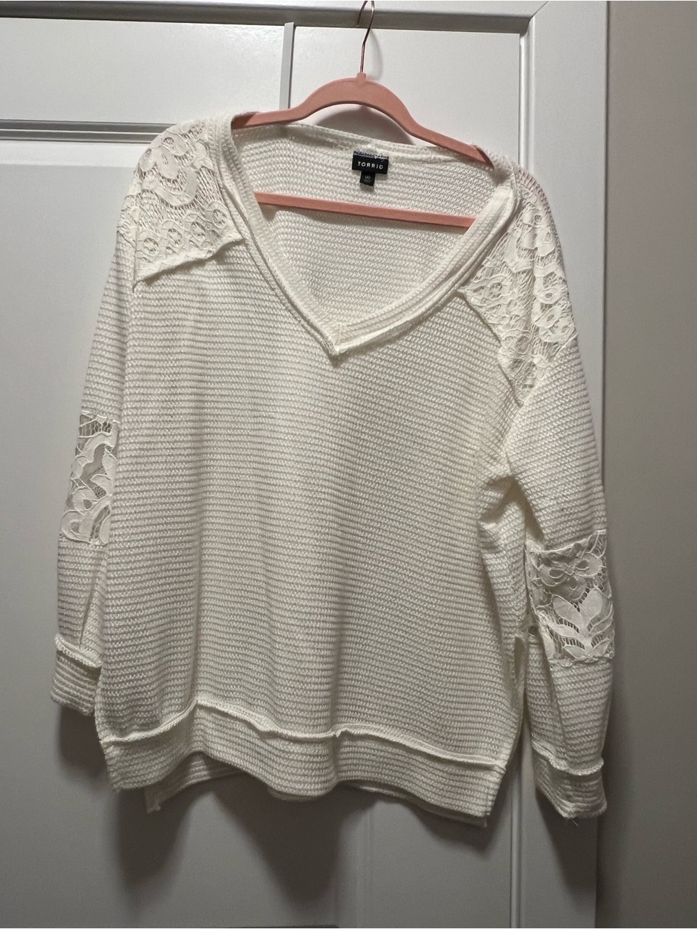 torrid Ivory V-Neck Sweater with Lace Shoulder & Sleeve Insets